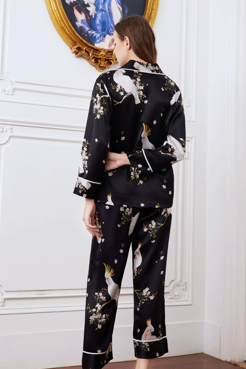 19 Momme Heavy 100% Mulberry Silk Printed Pajama Set Long Sleeve Pants Loungewear Wearable Outside