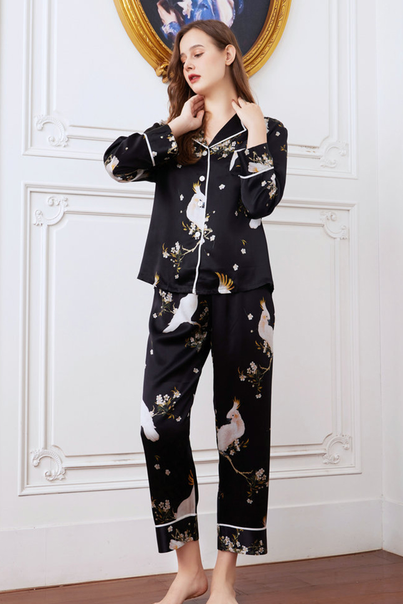 19 Momme Heavy 100% Mulberry Silk Printed Pajama Set Long Sleeve Pants Loungewear Wearable Outside