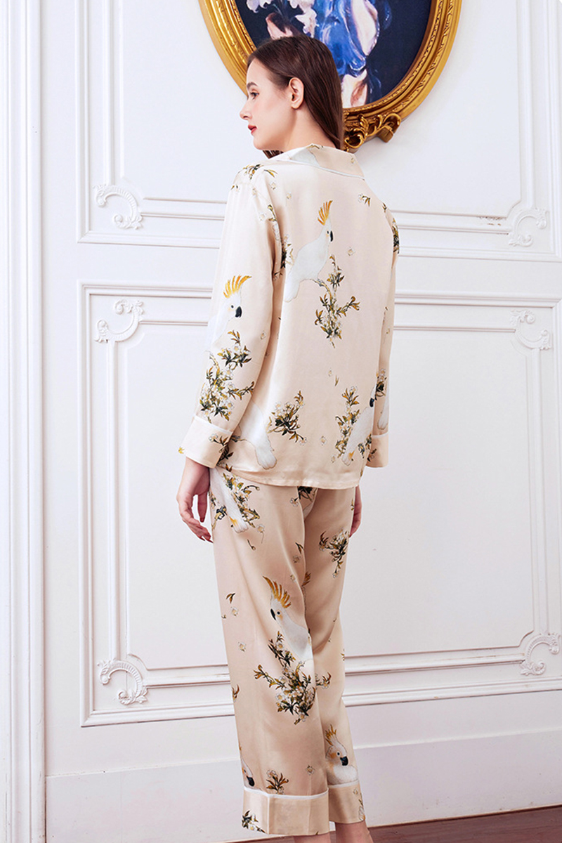 19 Momme Heavy 100% Mulberry Silk Printed Pajama Set Long Sleeve Pants Loungewear Wearable Outside