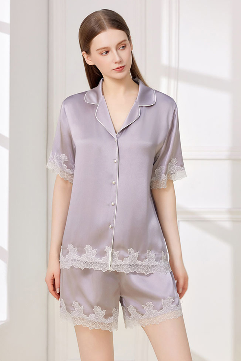 100% Mulberry Silk Short Sleeve & Shorts Pajama Set Luxury Loungewear With Water Soluble Lace