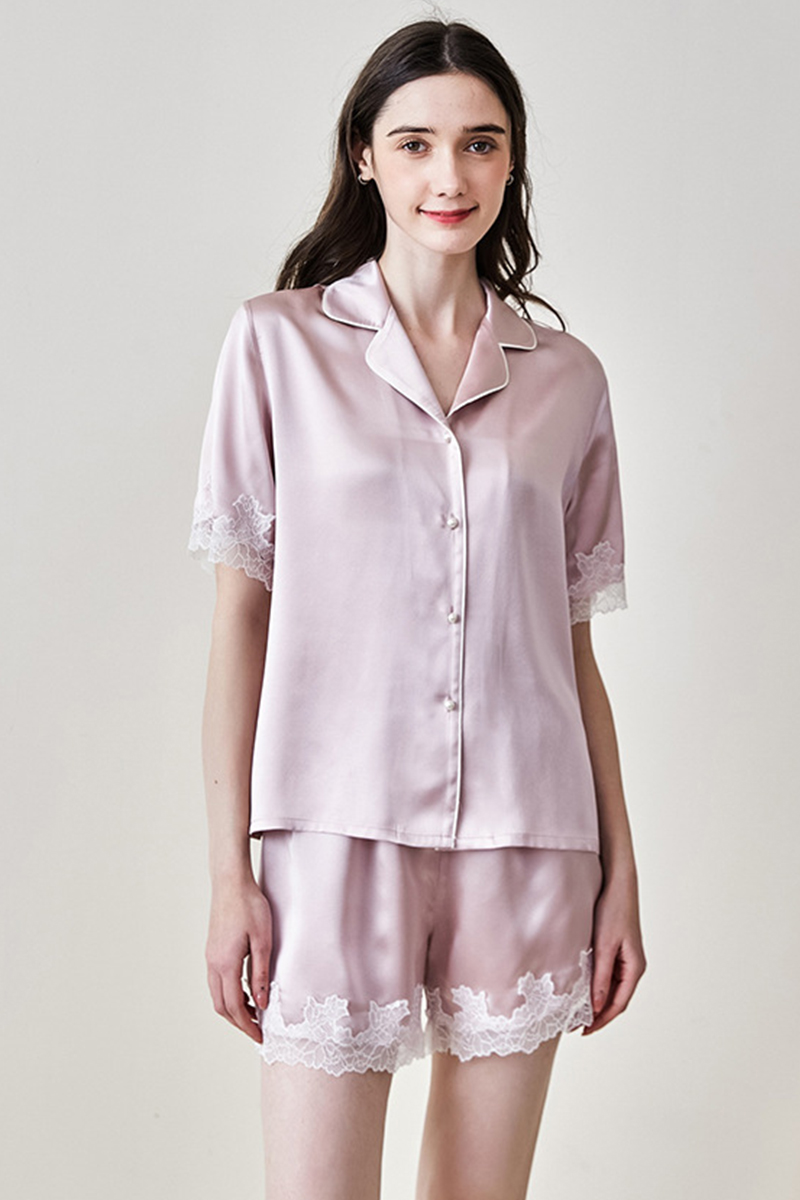 100% Mulberry Silk Short Sleeve & Shorts Pajama Set Luxury Loungewear With Water Soluble Lace