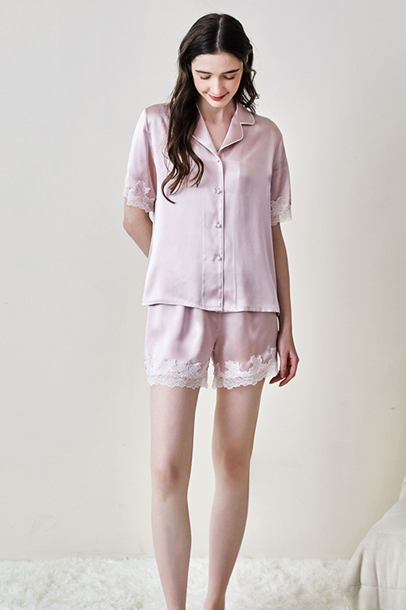 100% Mulberry Silk Short Sleeve & Shorts Pajama Set Luxury Loungewear With Water Soluble Lace