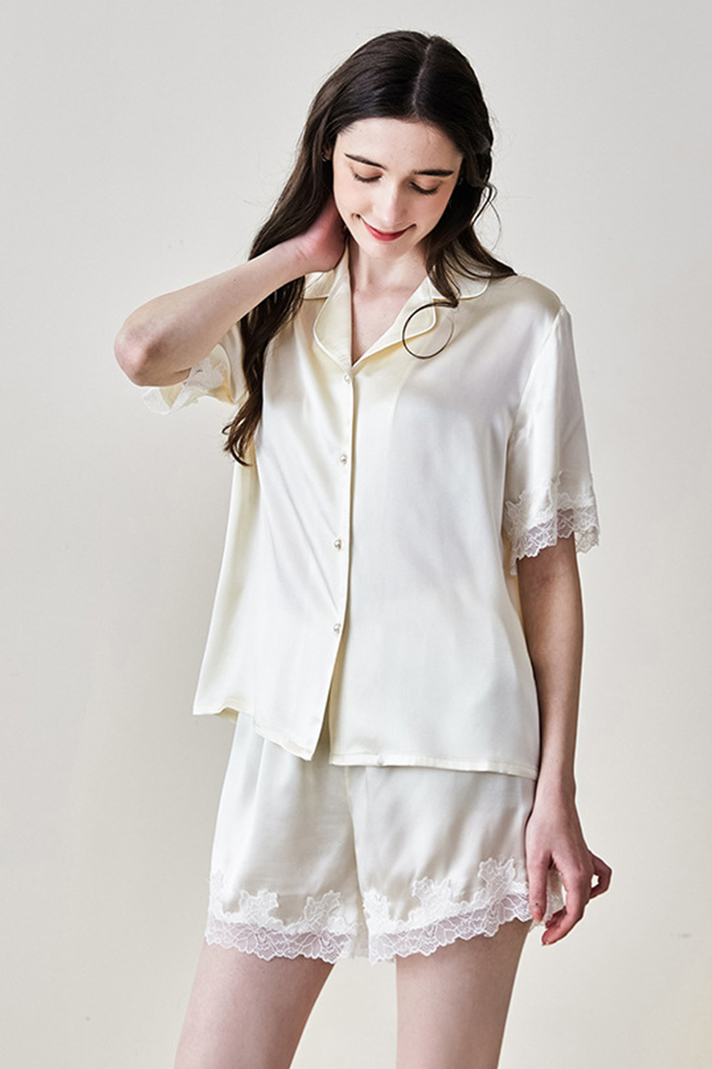 100% Mulberry Silk Short Sleeve & Shorts Pajama Set Luxury Loungewear With Water Soluble Lace