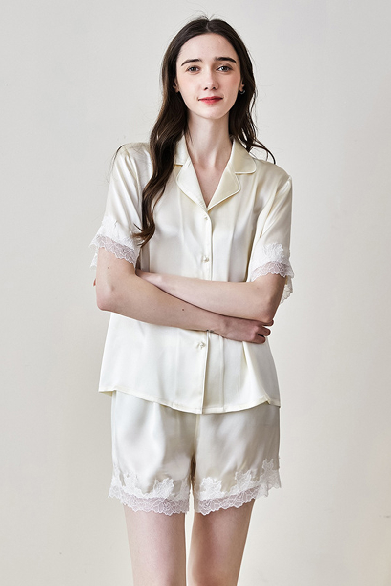 100% Mulberry Silk Short Sleeve & Shorts Pajama Set Luxury Loungewear With Water Soluble Lace