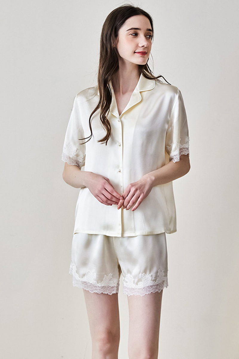 100% Mulberry Silk Short Sleeve & Shorts Pajama Set Luxury Loungewear With Water Soluble Lace