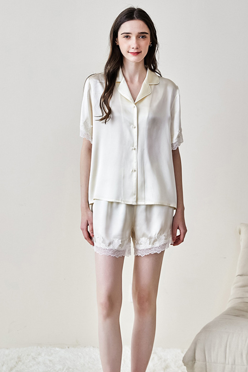 100% Mulberry Silk Short Sleeve & Shorts Pajama Set Luxury Loungewear With Water Soluble Lace