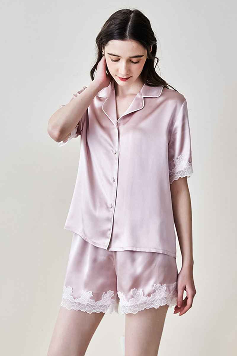 100% Mulberry Silk Short Sleeve & Shorts Pajama Set Luxury Loungewear With Water Soluble Lace