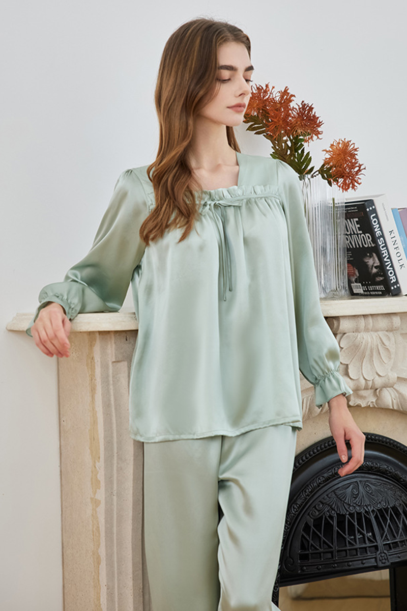 19 Momme 100% Mulberry Silk Pullover Pajama Set Casual Relaxed Fit Long Sleeve Pants Loungewear