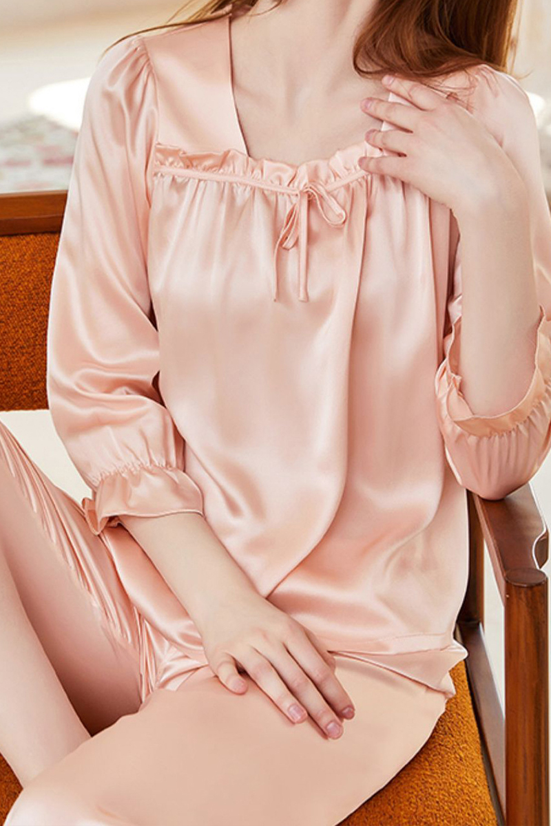 19 Momme 100% Mulberry Silk Pullover Pajama Set Casual Relaxed Fit Long Sleeve Pants Loungewear