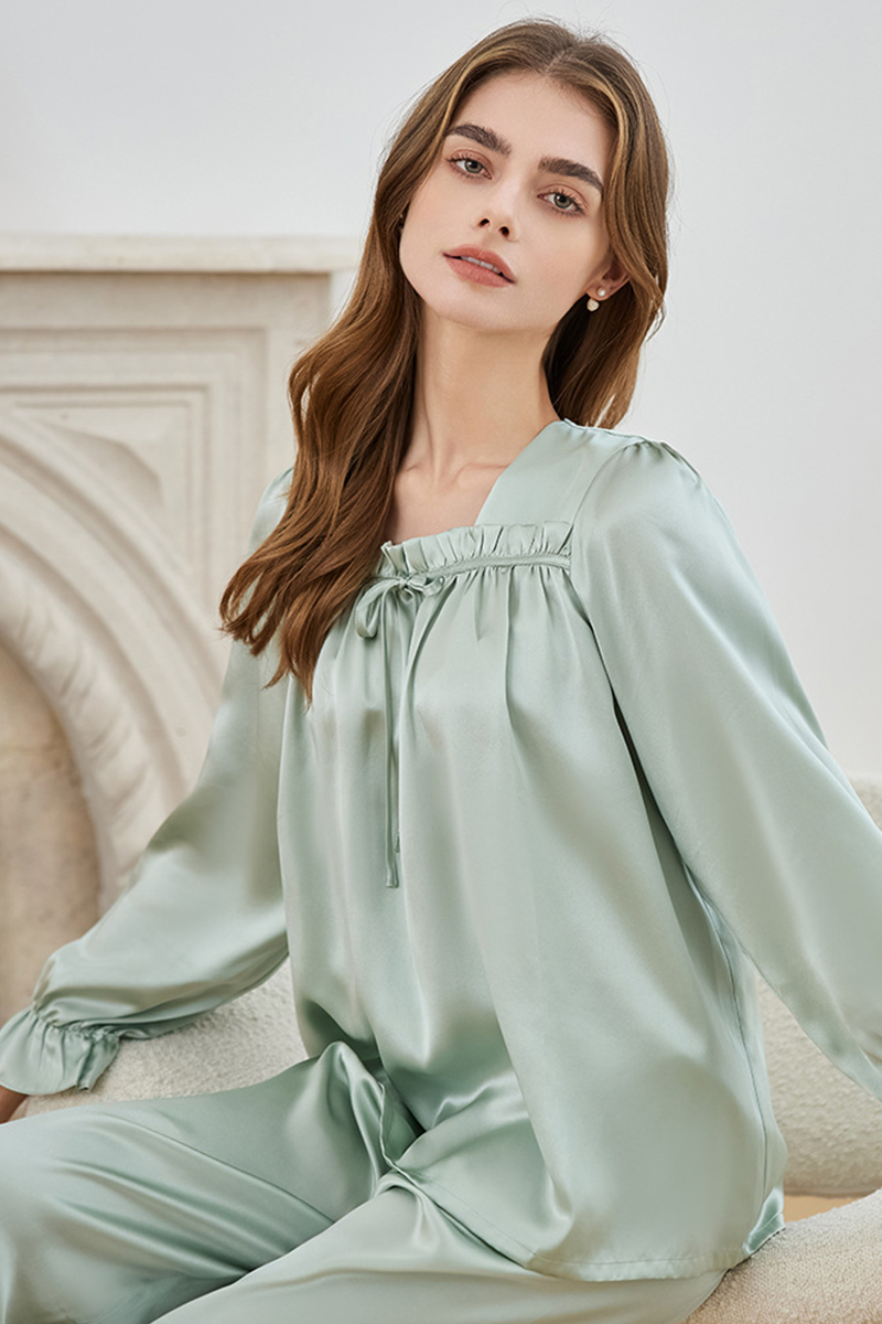 19 Momme 100% Mulberry Silk Pullover Pajama Set Casual Relaxed Fit Long Sleeve Pants Loungewear
