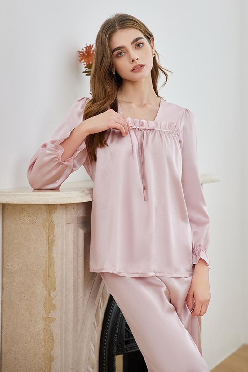 19 Momme 100% Mulberry Silk Pullover Pajama Set Casual Relaxed Fit Long Sleeve Pants Loungewear