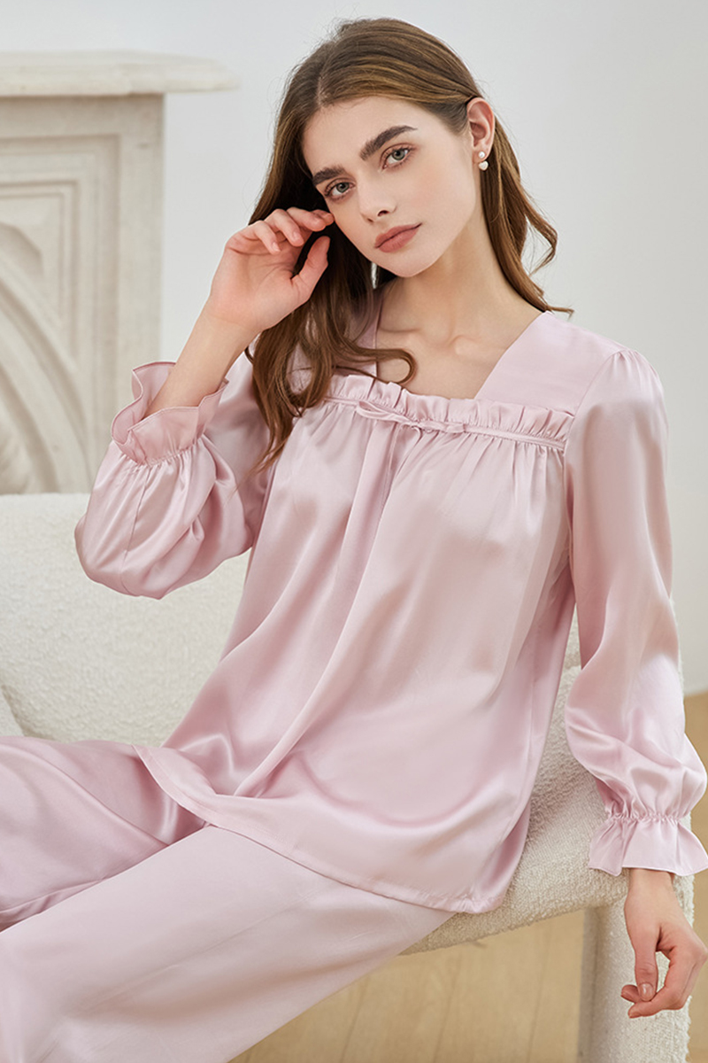 19 Momme 100% Mulberry Silk Pullover Pajama Set Casual Relaxed Fit Long Sleeve Pants Loungewear