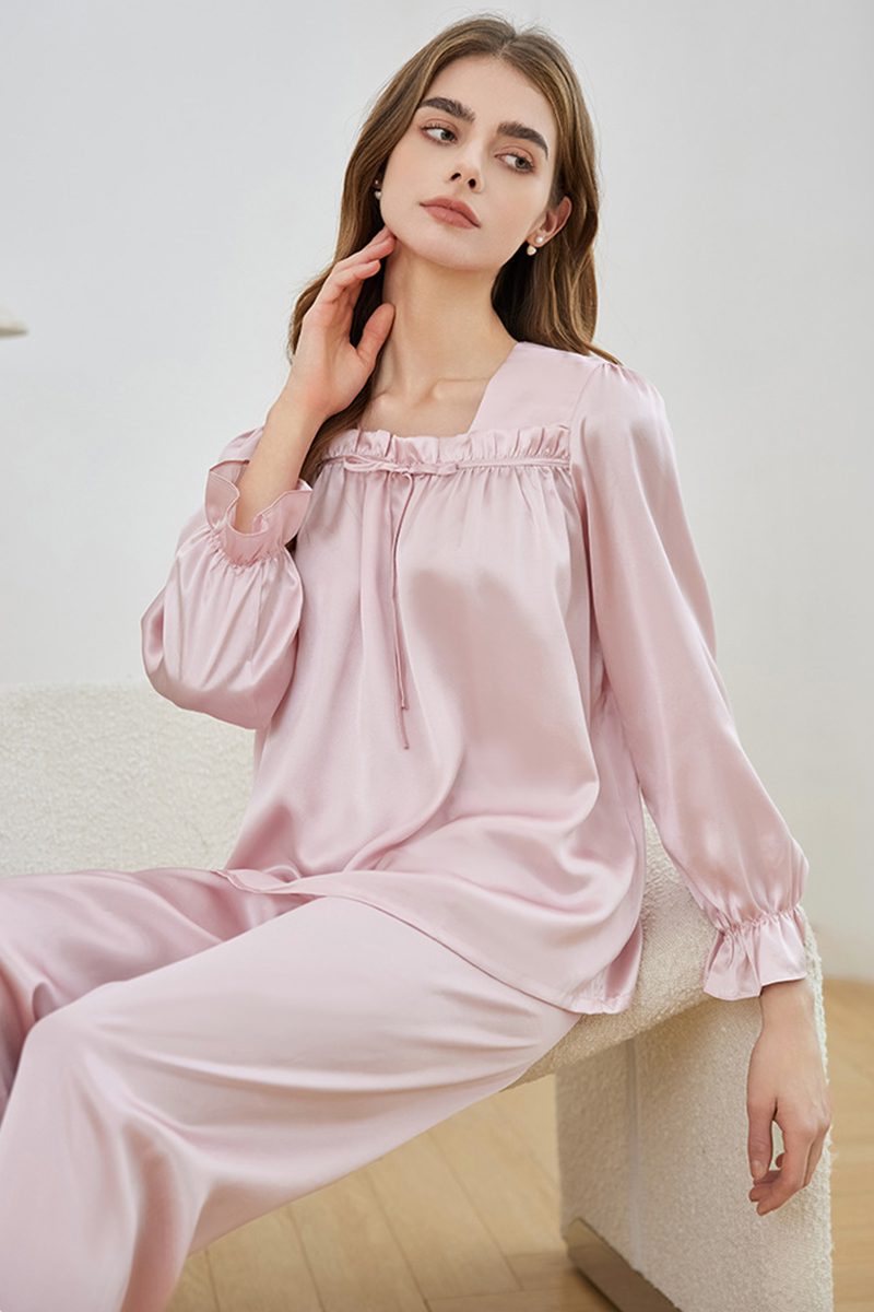 19 Momme 100% Mulberry Silk Pullover Pajama Set Casual Relaxed Fit Long Sleeve Pants Loungewear