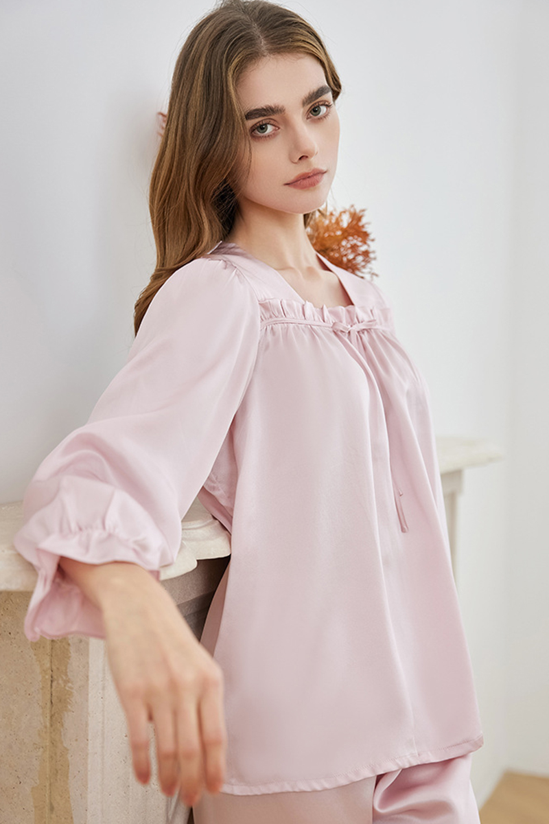 19 Momme 100% Mulberry Silk Pullover Pajama Set Casual Relaxed Fit Long Sleeve Pants Loungewear