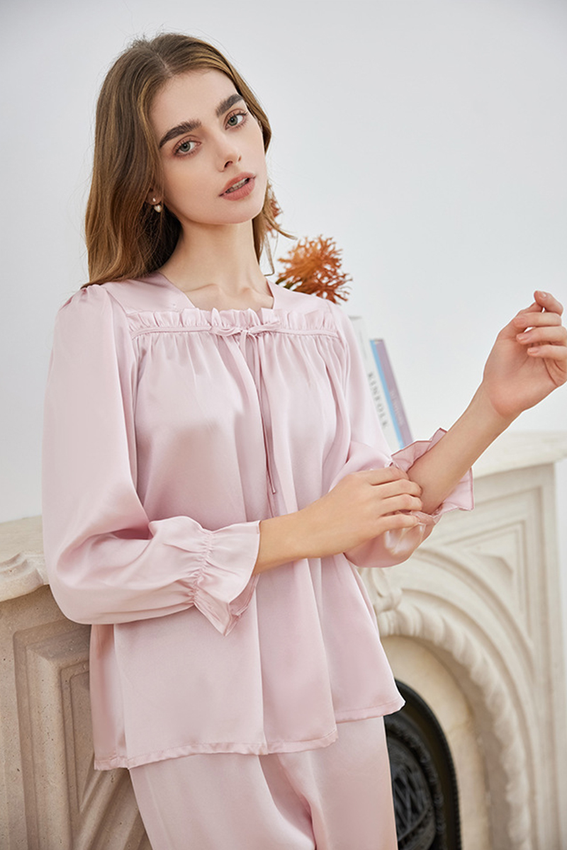 19 Momme 100% Mulberry Silk Pullover Pajama Set Casual Relaxed Fit Long Sleeve Pants Loungewear