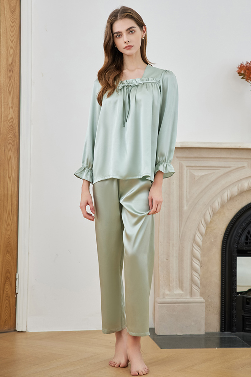19 Momme 100% Mulberry Silk Pullover Pajama Set Casual Relaxed Fit Long Sleeve Pants Loungewear