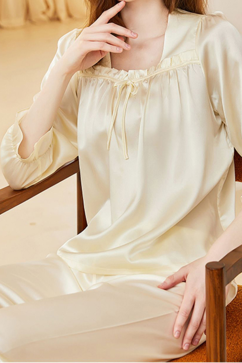 19 Momme 100% Mulberry Silk Pullover Pajama Set Casual Relaxed Fit Long Sleeve Pants Loungewear