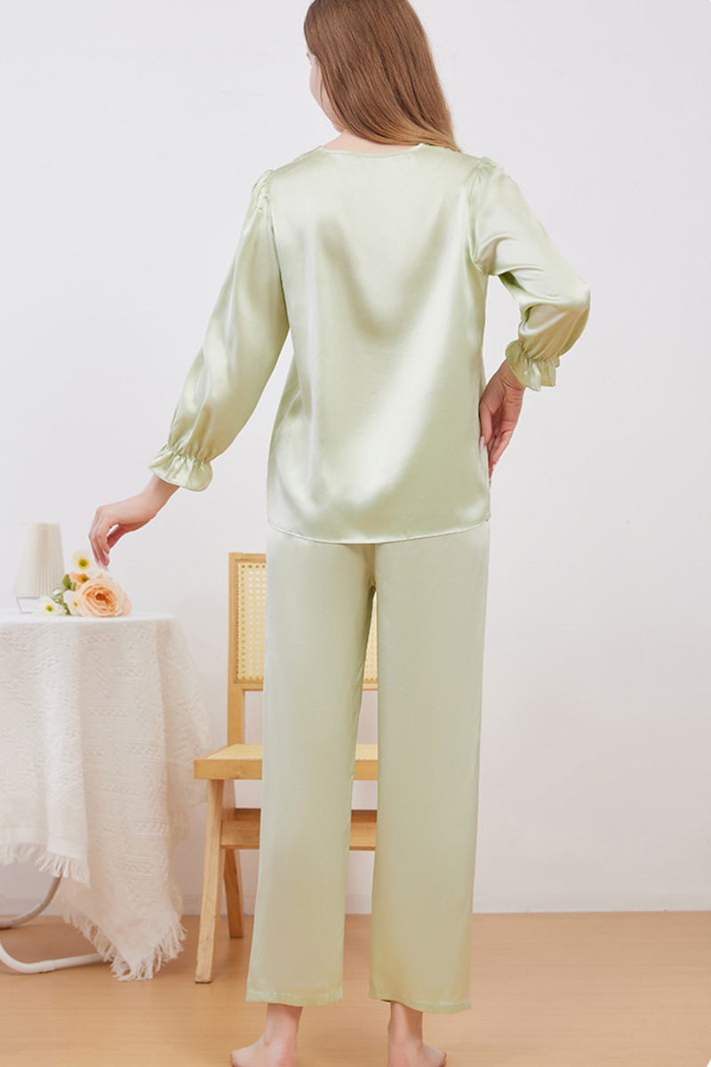 19 Momme 100% Mulberry Silk Pullover Pajama Set Casual Relaxed Fit Long Sleeve Pants Loungewear