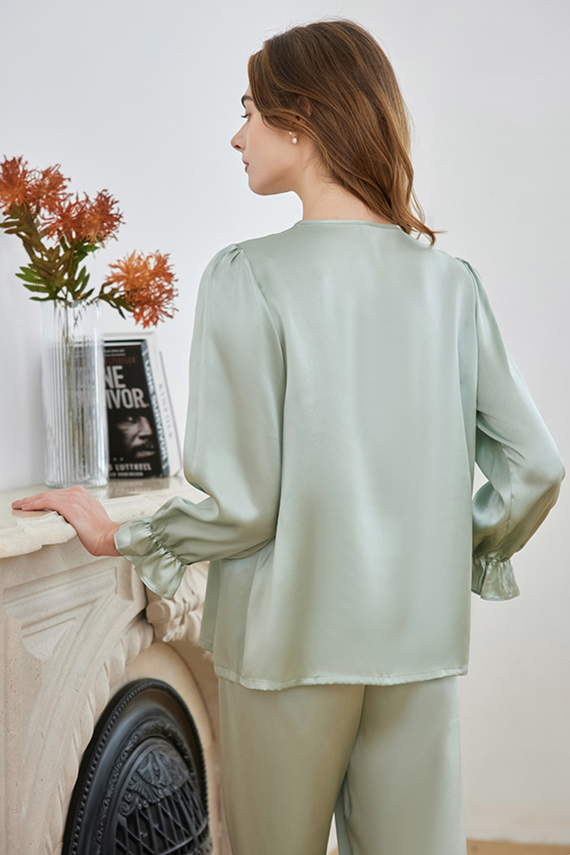 19 Momme 100% Mulberry Silk Pullover Pajama Set Casual Relaxed Fit Long Sleeve Pants Loungewear