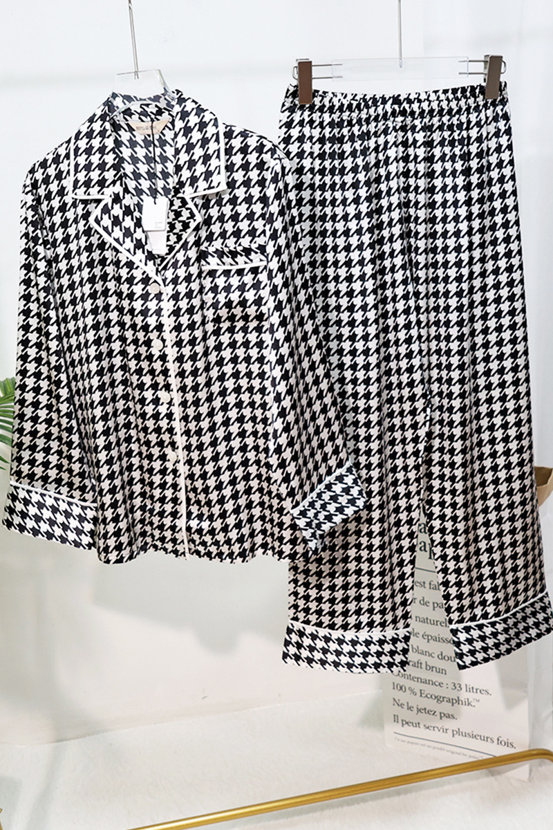 19 Momme Houndstooth Heavy 100% Mulberry Silk Pajama Set High-End Loungewear Wearable Outside