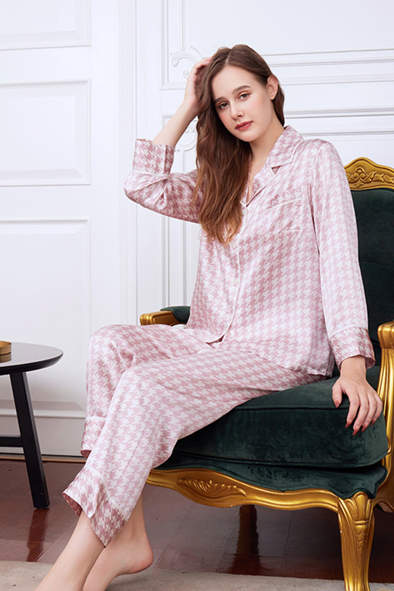 19 Momme Houndstooth Heavy 100% Mulberry Silk Pajama Set High-End Loungewear Wearable Outside