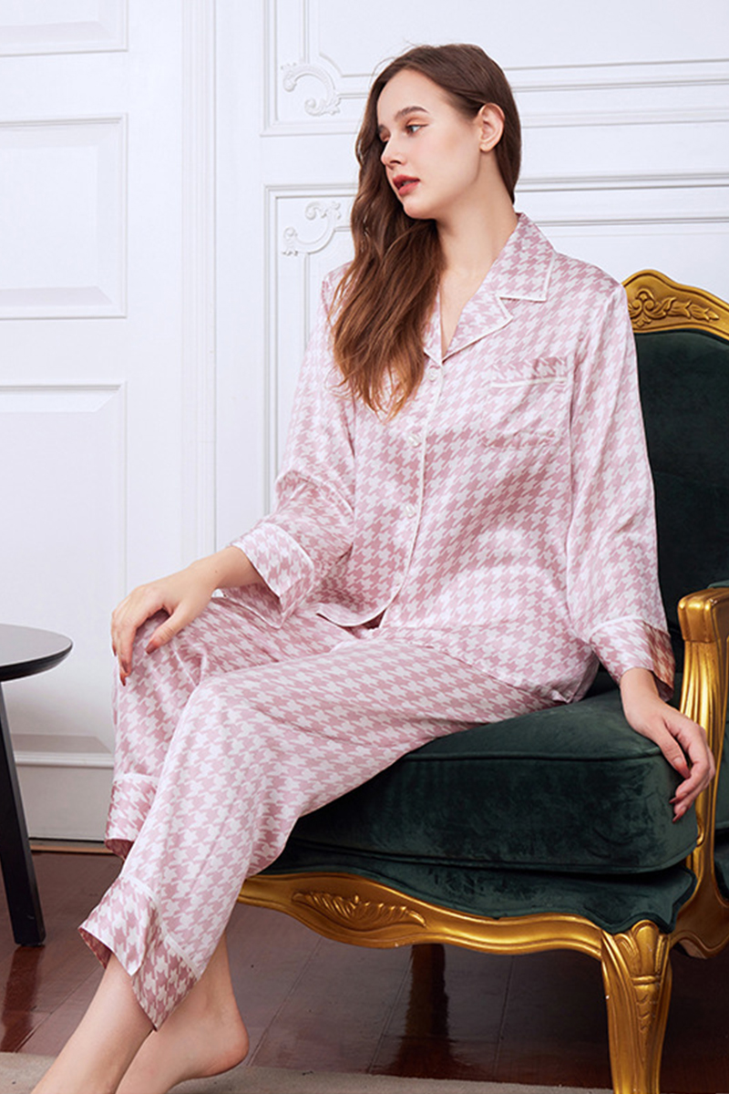 19 Momme Houndstooth Heavy 100% Mulberry Silk Pajama Set High-End Loungewear Wearable Outside
