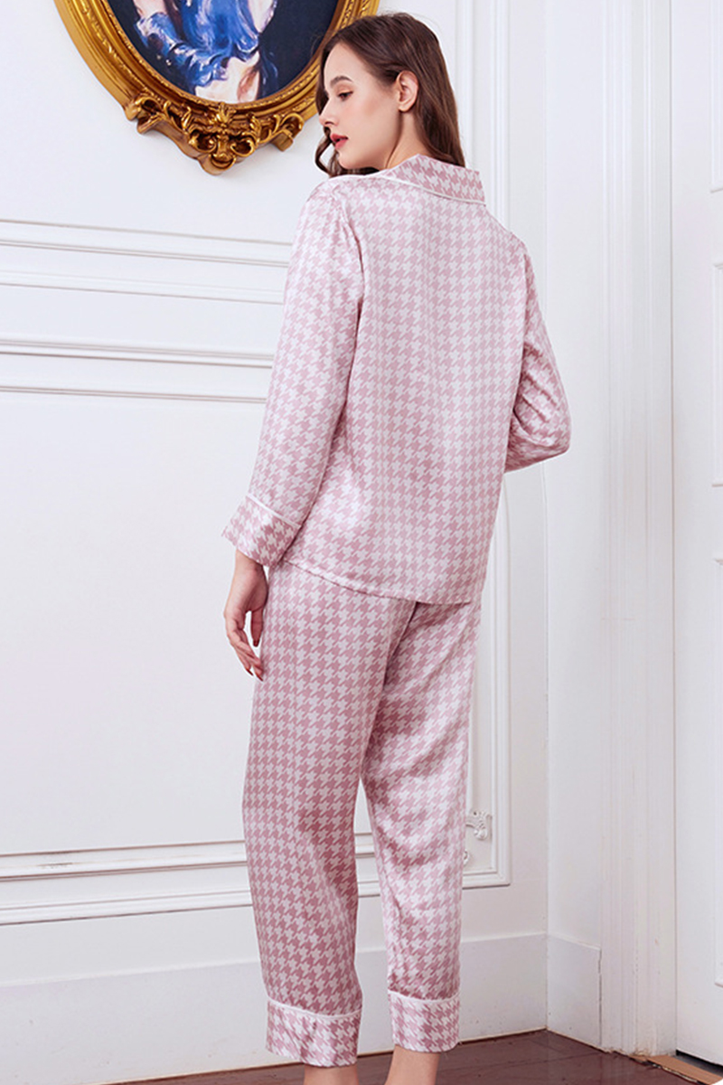 19 Momme Houndstooth Heavy 100% Mulberry Silk Pajama Set High-End Loungewear Wearable Outside