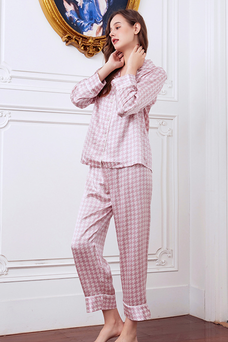 19 Momme Houndstooth Heavy 100% Mulberry Silk Pajama Set High-End Loungewear Wearable Outside