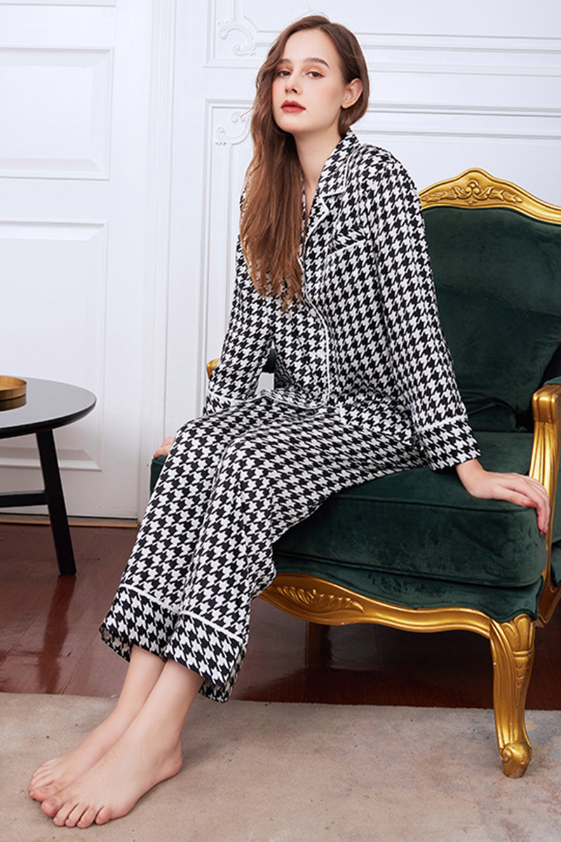 19 Momme Houndstooth Heavy 100% Mulberry Silk Pajama Set High-End Loungewear Wearable Outside