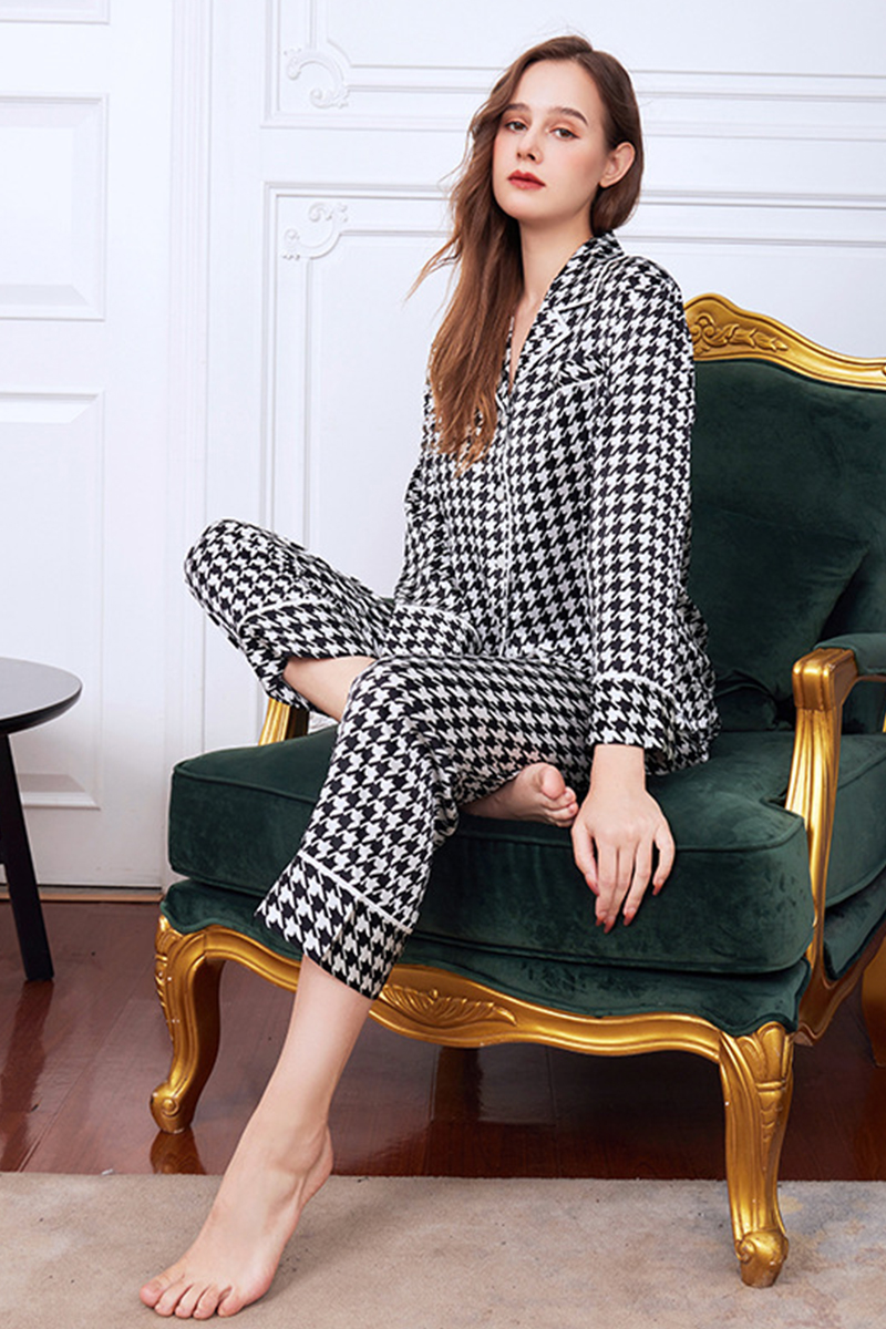 19 Momme Houndstooth Heavy 100% Mulberry Silk Pajama Set High-End Loungewear Wearable Outside