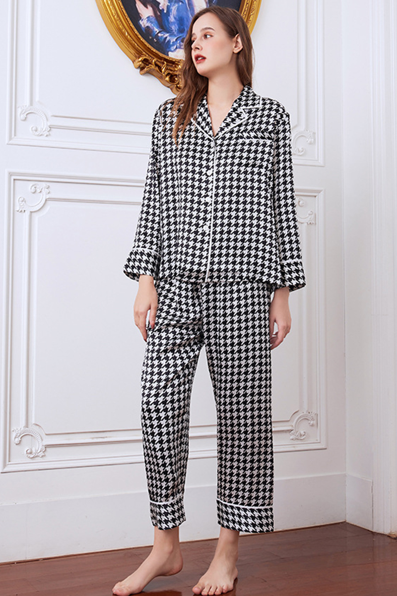 19 Momme Houndstooth Heavy 100% Mulberry Silk Pajama Set High-End Loungewear Wearable Outside