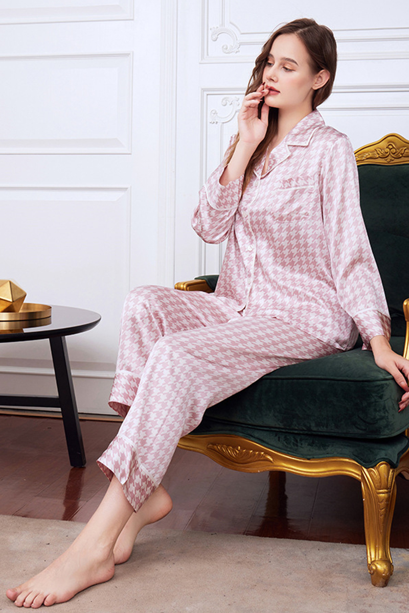 19 Momme Houndstooth Heavy 100% Mulberry Silk Pajama Set High-End Loungewear Wearable Outside