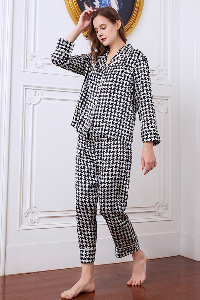 19 Momme Houndstooth Heavy 100% Mulberry Silk Pajama Set High-End Loungewear Wearable Outside