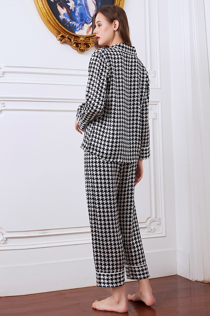 19 Momme Houndstooth Heavy 100% Mulberry Silk Pajama Set High-End Loungewear Wearable Outside