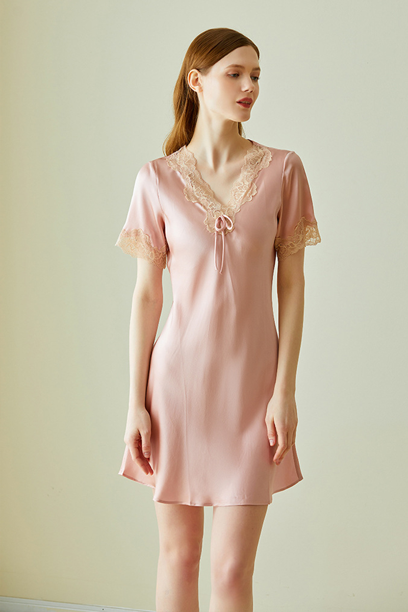100% Mulberry Silk Short Sleeve Nightgown Elegant Lace Trim V-Neck Pullover Soft Comfortable Loungewear