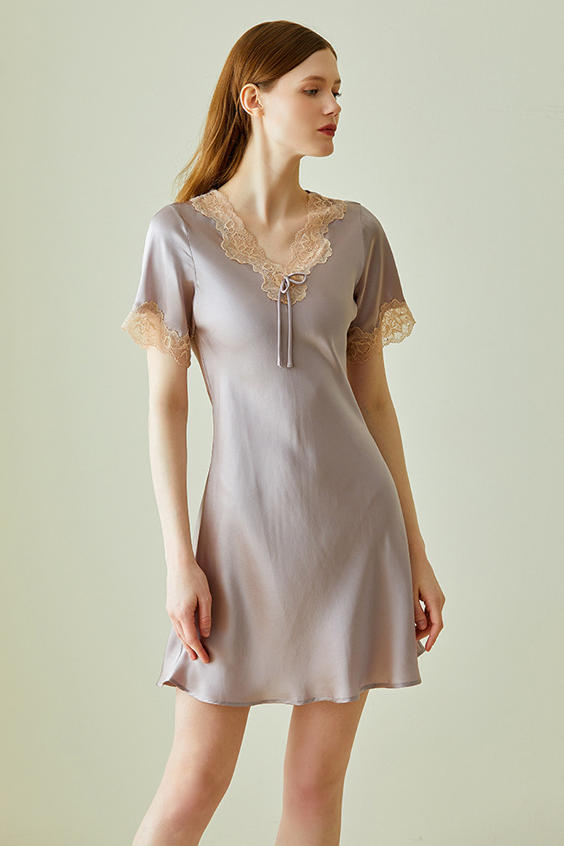 100% Mulberry Silk Short Sleeve Nightgown Elegant Lace Trim V-Neck Pullover Soft Comfortable Loungewear