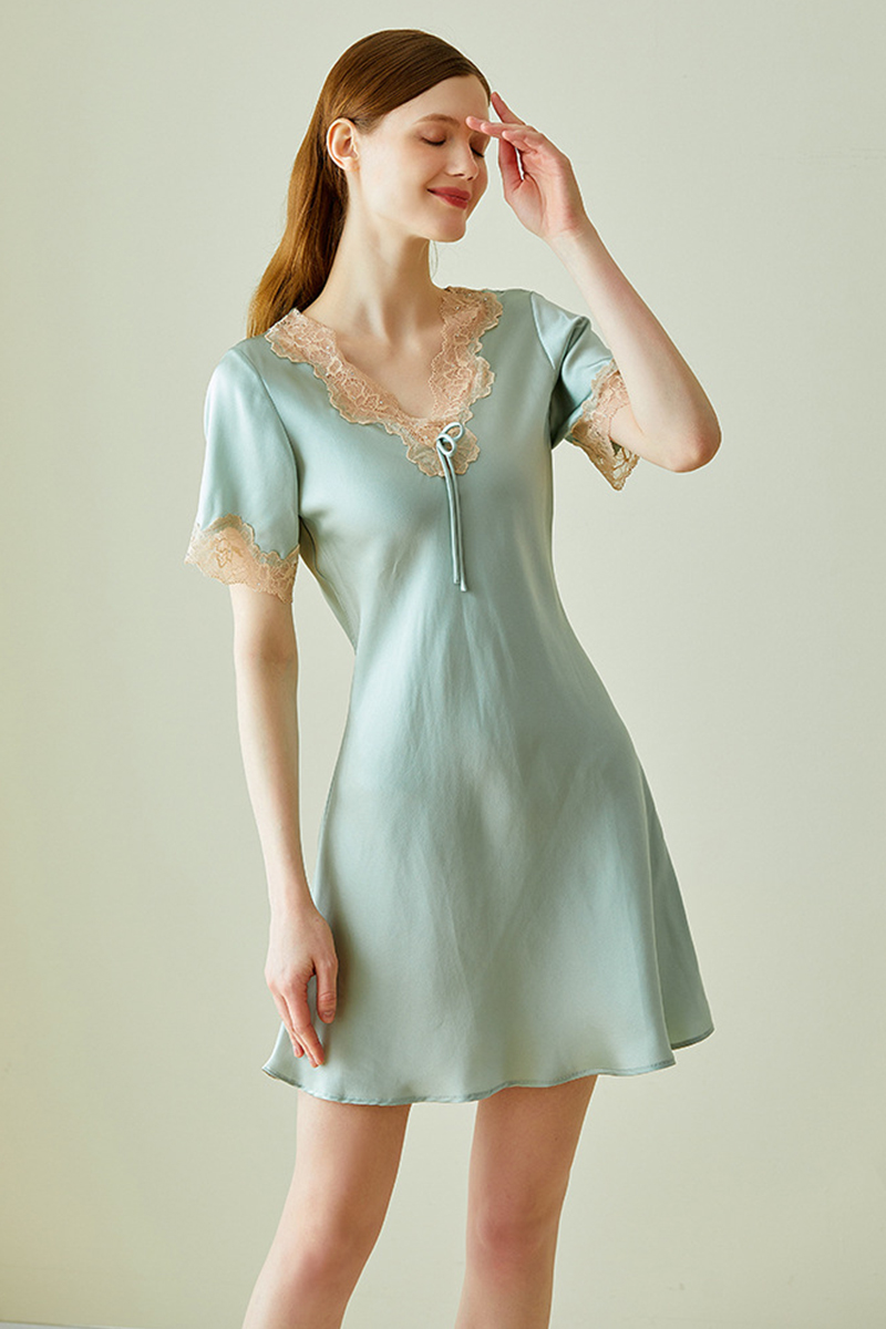100% Mulberry Silk Short Sleeve Nightgown Elegant Lace Trim V-Neck Pullover Soft Comfortable Loungewear