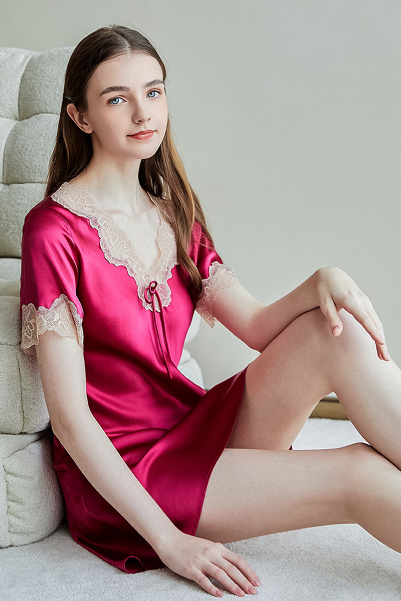 100% Mulberry Silk Short Sleeve Nightgown Elegant Lace Trim V-Neck Pullover Soft Comfortable Loungewear
