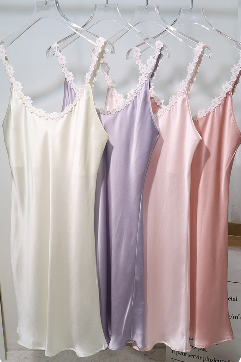 100% Mulberry Silk Camisole Nightgown With Built-In Bra Pads Lace Trim Sexy Home Slip Dress