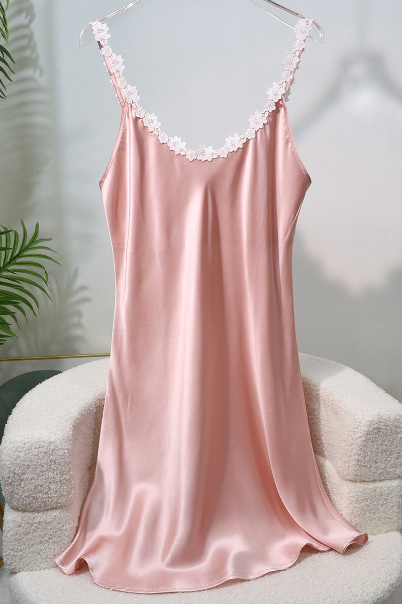 100% Mulberry Silk Camisole Nightgown With Built-In Bra Pads Lace Trim Sexy Home Slip Dress