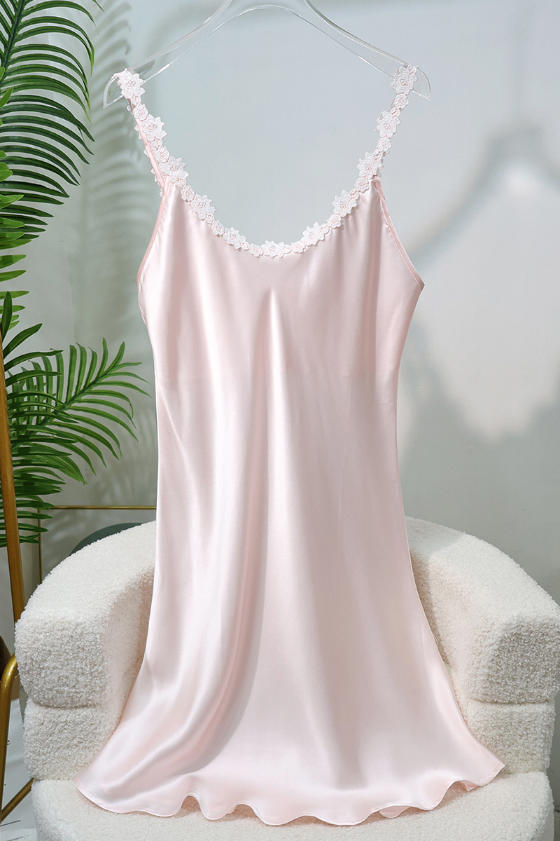 100% Mulberry Silk Camisole Nightgown With Built-In Bra Pads Lace Trim Sexy Home Slip Dress