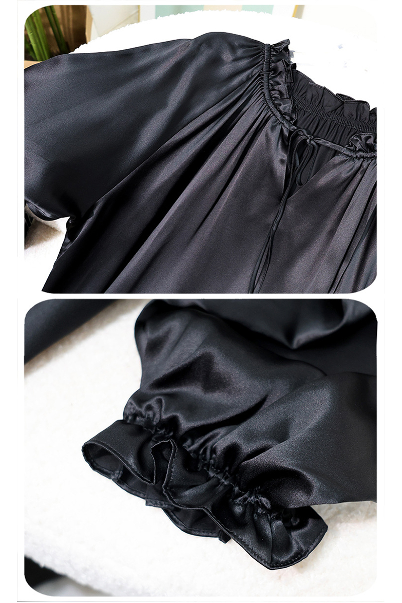 19 Momme 100% Mulberry Silk Nightgown Long Sleeve Ruffle Trim Tie Waist Slip Dress Wearable Outside