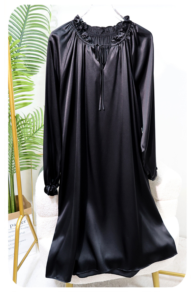 19 Momme 100% Mulberry Silk Nightgown Long Sleeve Ruffle Trim Tie Waist Slip Dress Wearable Outside