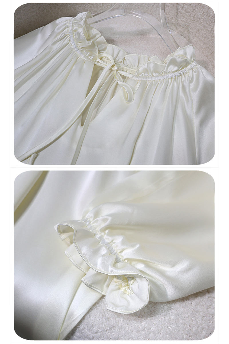 19 Momme 100% Mulberry Silk Nightgown Long Sleeve Ruffle Trim Tie Waist Slip Dress Wearable Outside