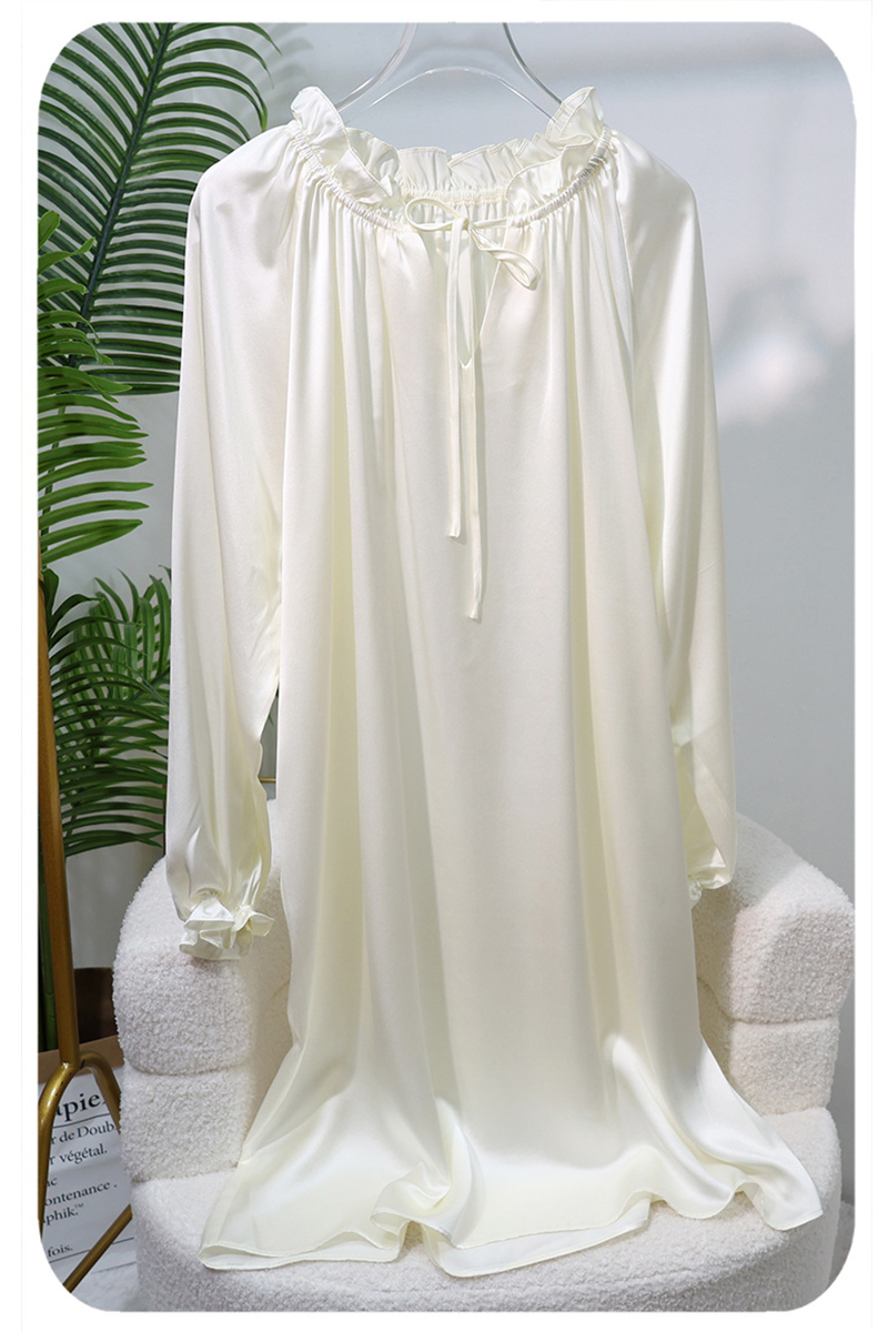 19 Momme 100% Mulberry Silk Nightgown Long Sleeve Ruffle Trim Tie Waist Slip Dress Wearable Outside