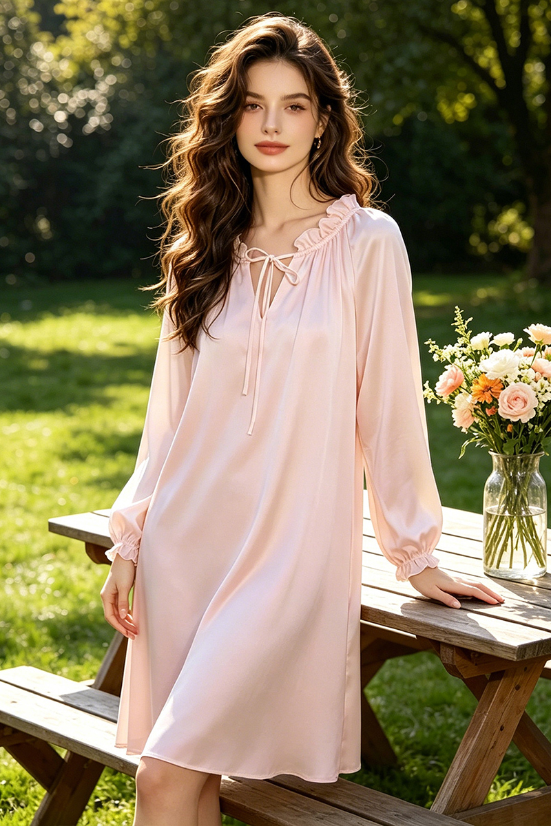 19 Momme 100% Mulberry Silk Nightgown Long Sleeve Ruffle Trim Tie Waist Slip Dress Wearable Outside
