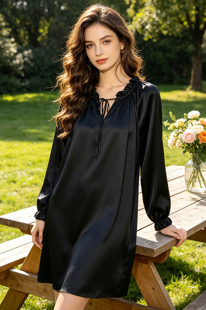 19 Momme 100% Mulberry Silk Nightgown Long Sleeve Ruffle Trim Tie Waist Slip Dress Wearable Outside