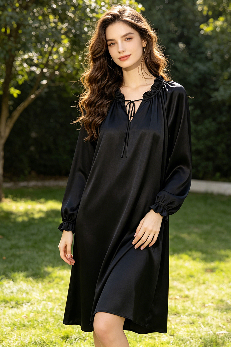 19 Momme 100% Mulberry Silk Nightgown Long Sleeve Ruffle Trim Tie Waist Slip Dress Wearable Outside