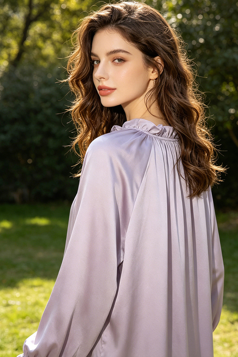 19 Momme 100% Mulberry Silk Nightgown Long Sleeve Ruffle Trim Tie Waist Slip Dress Wearable Outside