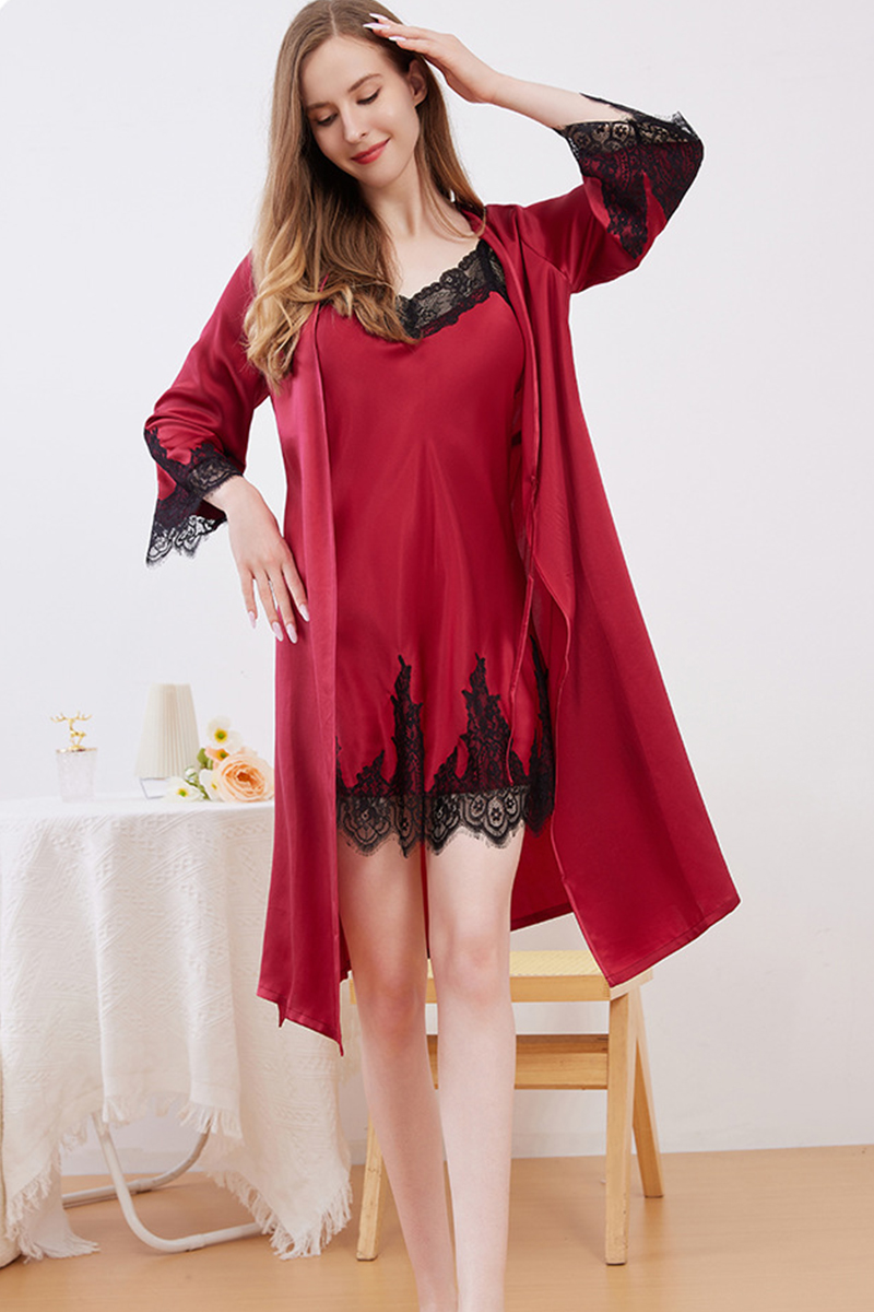 100% Mulberry Silk Sexy Camisole Nightgown & Robe Set 2Pcs Soft Lace Trim Silky Slip Dress Loungewear